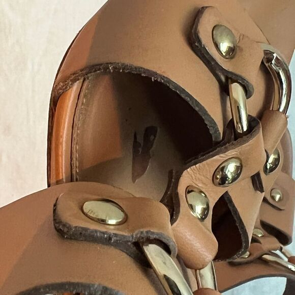 J.Crew Made in Italy Tan Leather Gold Finished Hardware Heel Sandal Size 8 - Picture 9 of 10